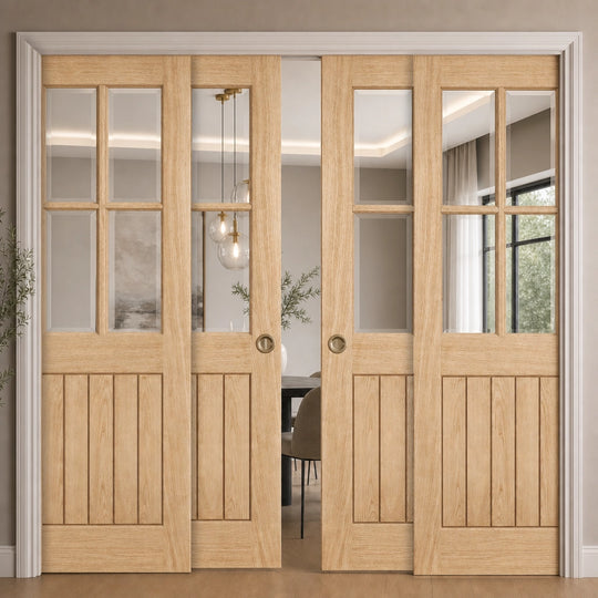 Belize Oak 4L Clear Glazed 4 Door Telescopic Pocket Door System