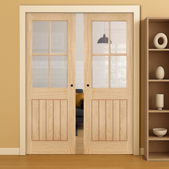 Belize Oak 4L Clear Glazed Double Pocket Door Set