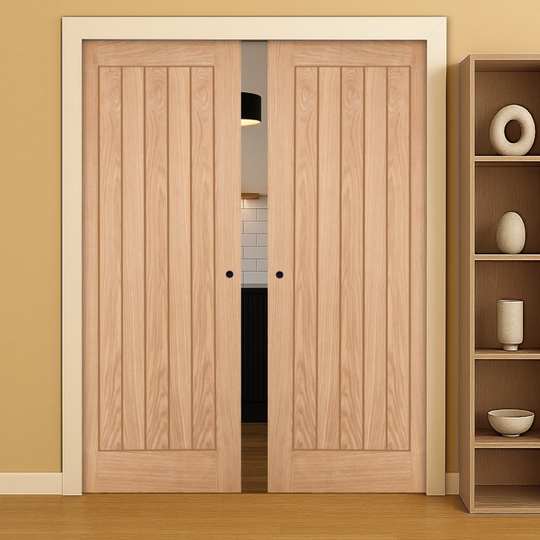 Belize Oak Fully Finished Double Pocket Door Set