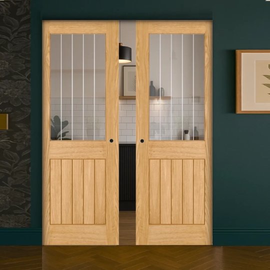 Belize Oak 1 Light Silkscreen Glazed Double Flush Pocket Door Set