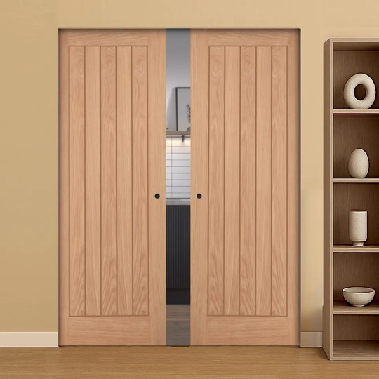 Belize Oak Double Flush Pocket Door Set Fully Finished