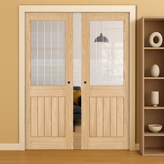 Belize Oak 1 Light Silkscreen Glazed Fully Finished Double Pocket Door Set