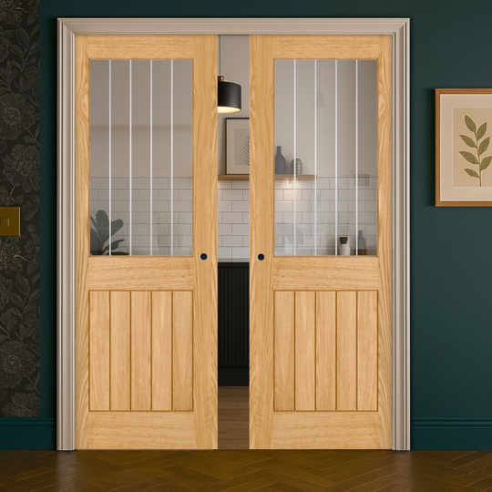 Belize Oak 1 Light Silkscreen Glazed Double Pocket Door Set
