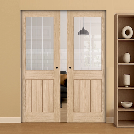 Belize Oak 1 Light Silkscreen Glazed Double Flush Pocket Door Set Fully Finished