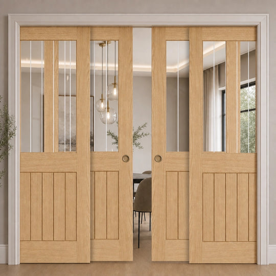 Belize Oak 1L Glazed Fully Finished 4 Door Telescopic Pocket Door System
