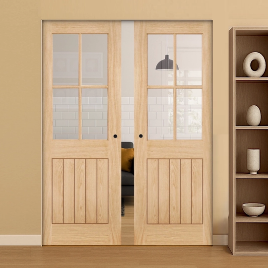 Belize Oak 4L Clear Glazed Double Flush Pocket Door Set