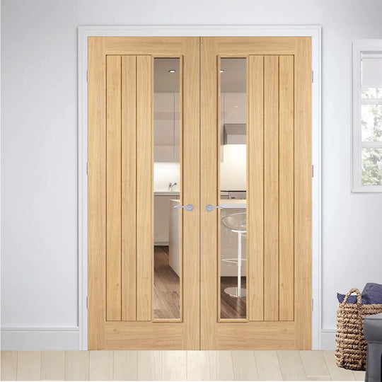 Belize Oak Clear Offset Glazed Door Pair