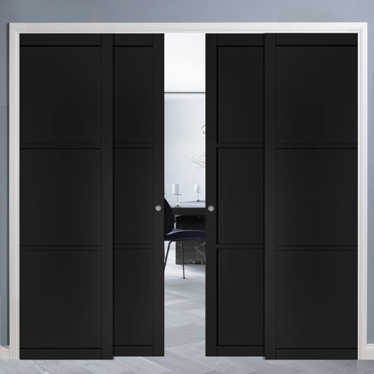 Black 3 Panel 4 Door Telescopic Pocket Door System