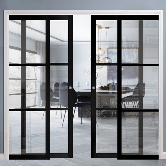 Black 3L Clear Glazed 4 Door Telescopic Pocket Door System