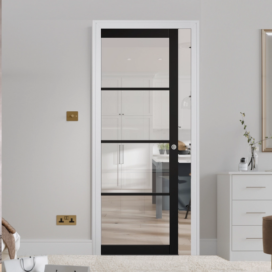 Black 4L Clear Glazed Industrial Style Pocket Door Set