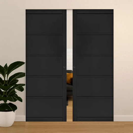 Black 5 Panel Double Flush Pocket Door Set