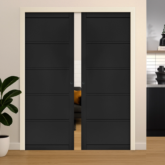 Black 5 Panel Double Pocket Door Set