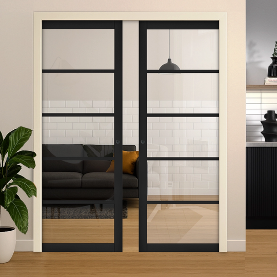 Black 5L Clear Glazed Double Pocket Door Set