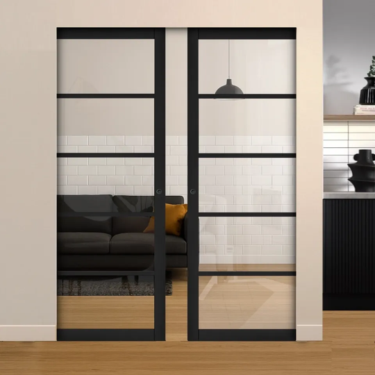 Black 5L Clear Glazed Double Flush Pocket Door Set