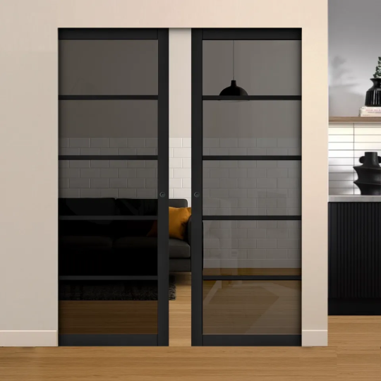Black 5L Tinted Glazed Double Flush Pocket Door System