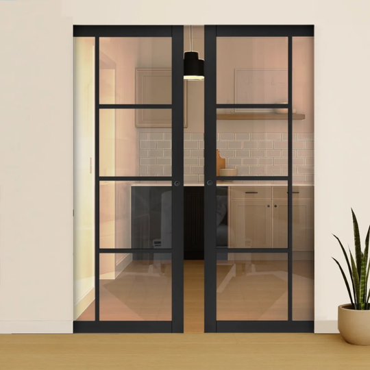 Black Enova Clear Glazed Double Flush Pocket Door Set