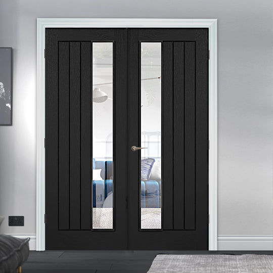 Black Mexicano Offset Clear Glazed Internal Door Pair