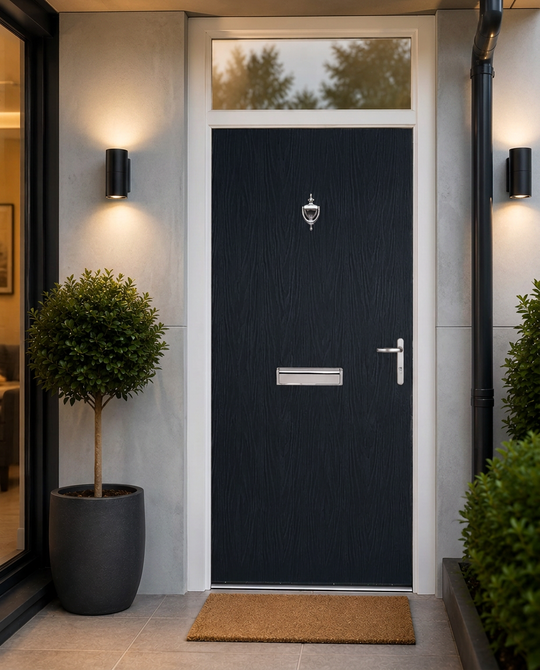 Black Modern Flush External Fire Door Set with Fanlight