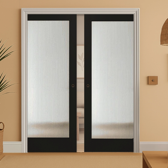 Black Ravenne Reeded Glazed Double Pocket Door Set