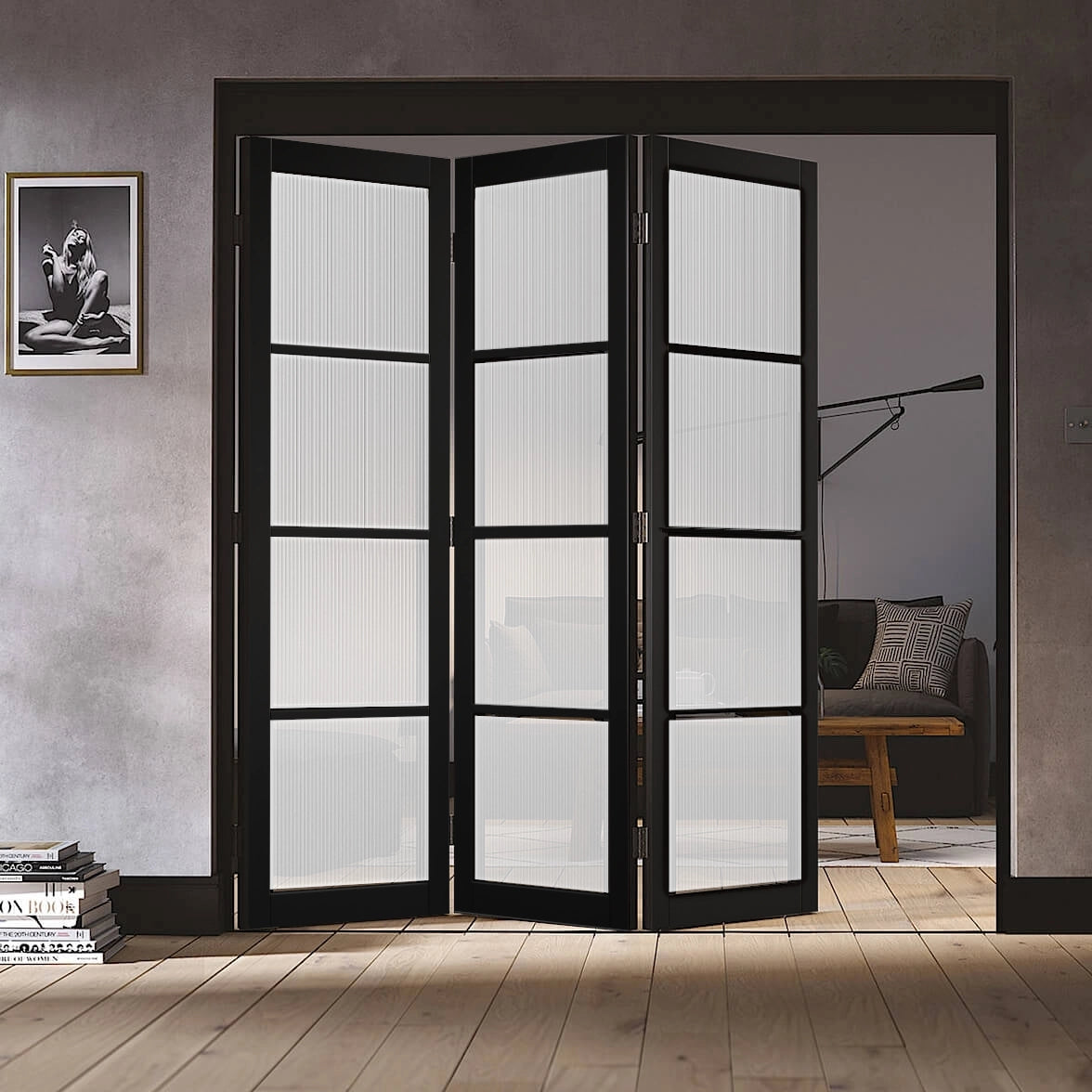 Soho 3 Door Reeded Glazed Industrial Style Folding Doors – Emerald Doors