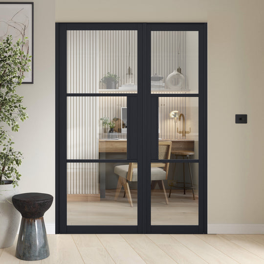 Black Tribeca Clear Glazed Offset French Doors with Lock Block Panel