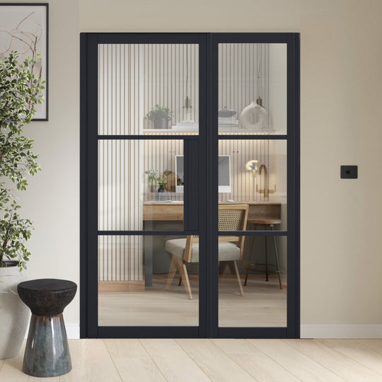 Black Tribeca Clear Glazed Offset French Doors with Side Panel