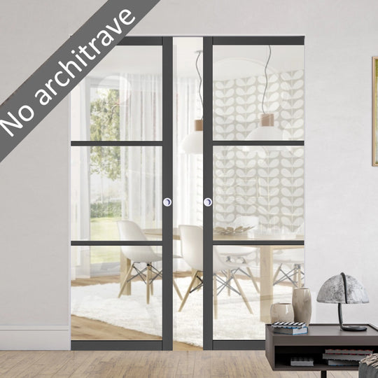 Black 3L  Clear Glazed Double Flush Pocket Door Set