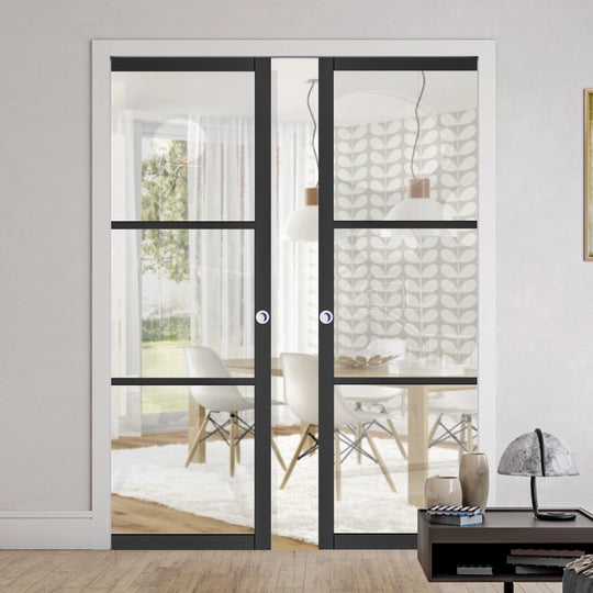 Black 3L Clear Glazed Double Pocket Door Set