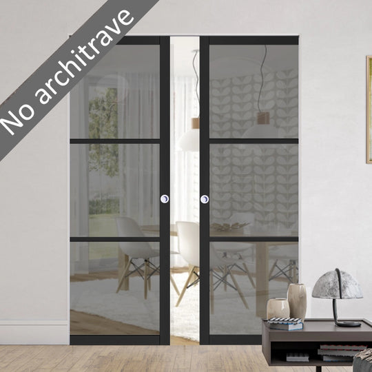 Black 3L Tinted Glazed Double Flush Pocket Door System