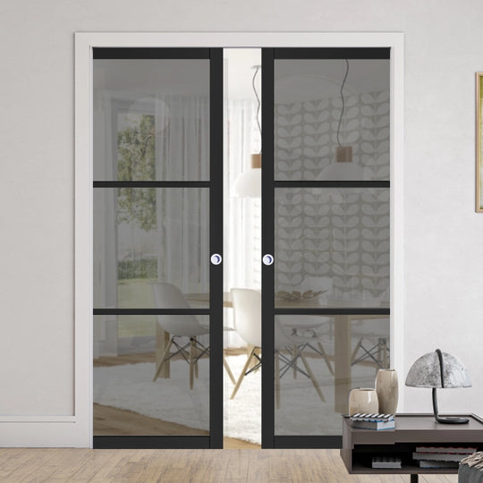 Black 3L Tinted Glazed Double Pocket Door Set