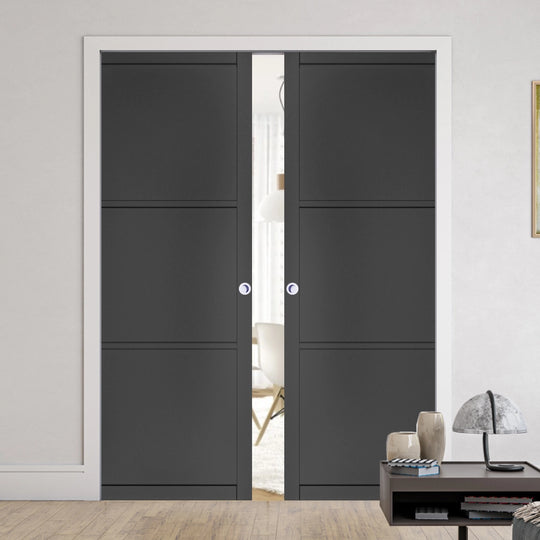 Black 3 Panel Double Pocket Door Set