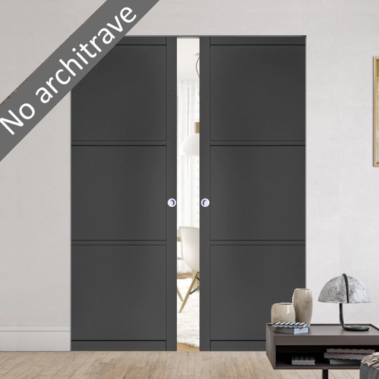 Black 3 Panel Double Flush Pocket Door Set