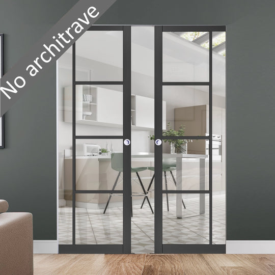 Black Enova Clear Glazed Double Flush Pocket Door Set
