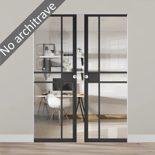 Pryda Black Clear Glazed Double Flush Pocket Door Set