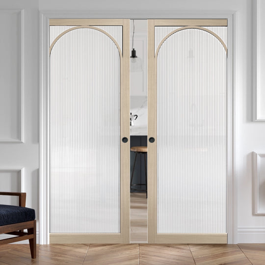 Blonde Oak Melrose Reeded Glazed Arched Double Pocket Door System