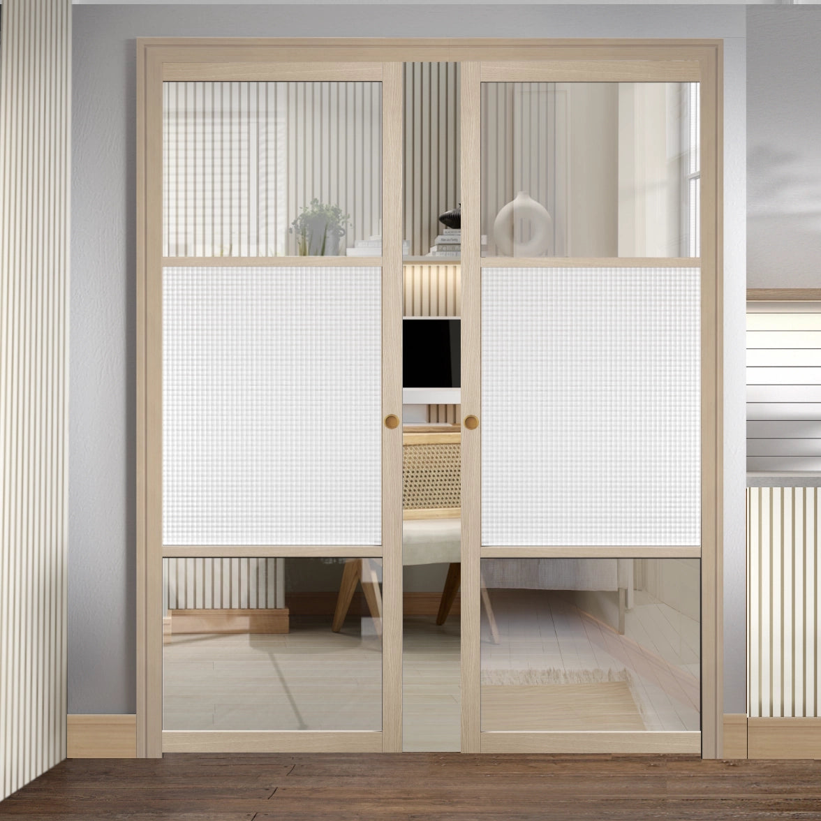 Blonde Oak Sutton Reeded Glazed Double Pocket Door System – Emerald Doors