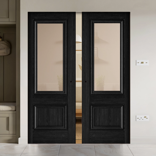 Burghley Black Clear Glazed Double Flush Pocket Door Set