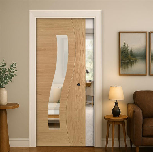 Cadiz Oak Clear Glazed Pocket Door Set Fully Finished