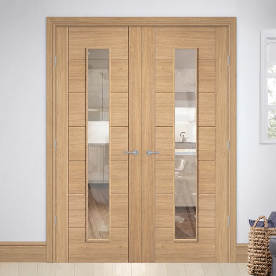 Carini Oak Long Light Clear Glazed Fully Finished Door Pair