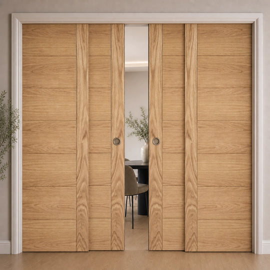 Carini Oak 7P Fully Finished 4 Door Telescopic Pocket Door System