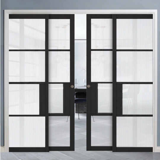 Black Chelsea Reeded Glazed 4 Door Telescopic Pocket Door System
