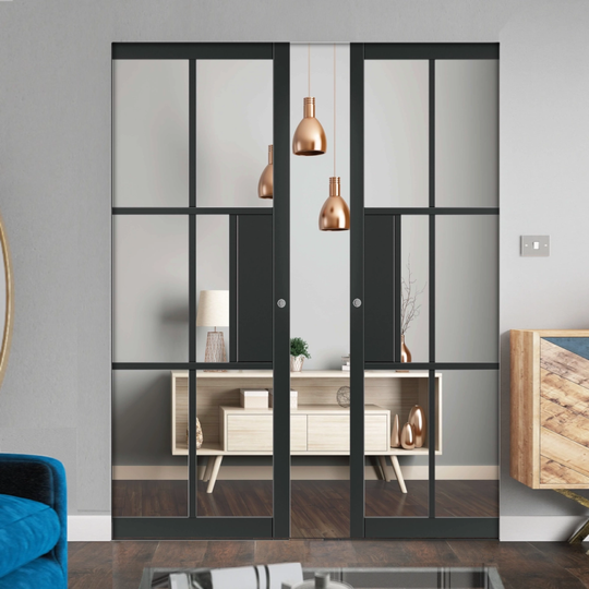 Civic Black Clear Glazed Flush Double Pocket Door Set