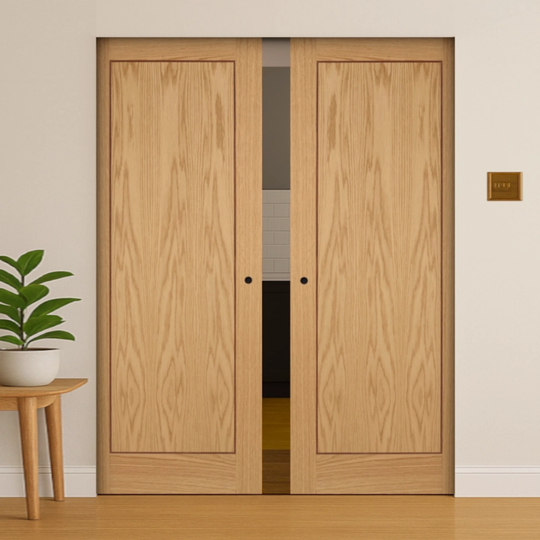 Contemporary Oak Inlay 1P Double Flush Pocket Door Set