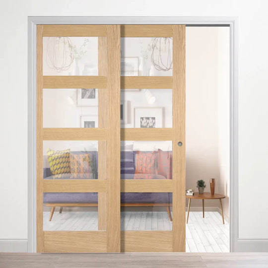 Contemporary Oak 4L Clear Glazed Telescopic Pocket Door System