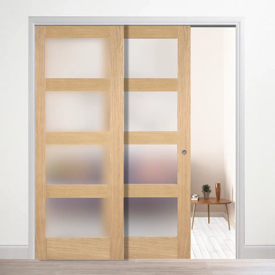Contemporary Oak 4L Obscure Glazed Telescopic Pocket Door System