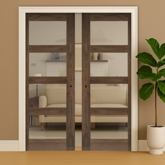Coventry Walnut Clear Glazed Double Pocket Door Set