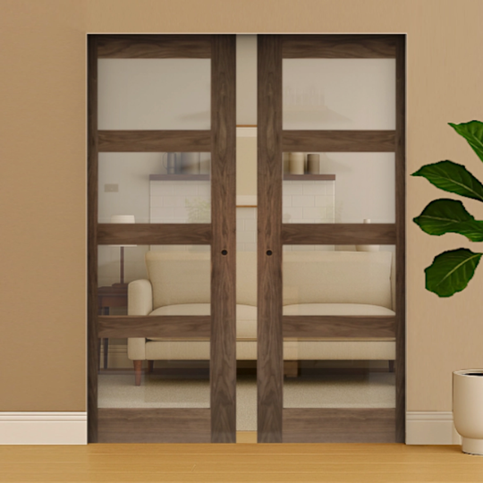Walnut Shaker 4L Clear Glazed Double Flush Pocket Door Set