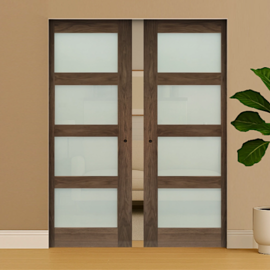 Walnut Shaker 4L Obscure Glazed Double Flush Pocket Door Set