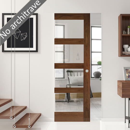 Walnut Shaker 4L Clear Glazed Flush Pocket Door Set