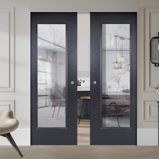Eindhoven Black Clear Glazed Double Flush Pocket Door Set